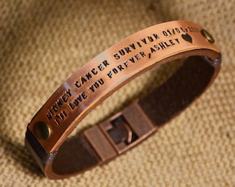 Cancer Survivor Bracelet, Custom greeting message, Personalized Copper handwriting bracelet your own message, gift for him leather christmas