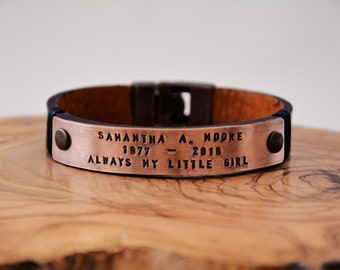 Leather Memorial Bracelet, Custom Personalized Remembrance Bracelet, Loss of Loved Ones, Loving Memory, Personalized Custom Date Name Gift