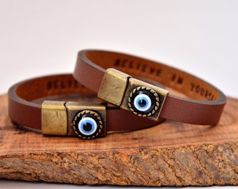 Evil Eye Personalized Women Leather Bracelet Sister Gifts His & Her Custom Gifts, For mother Hand Stamped Secret Message Special message