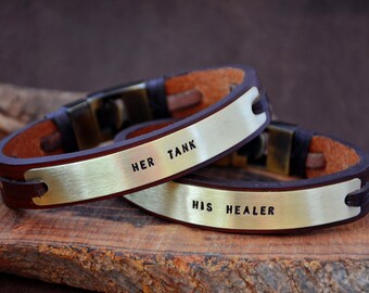 Couple Personalized Leather Brass Bracelet Gift For Men Custom Handmade Unique Special Leather Gift, Anniversay Gift For Husband Stamped