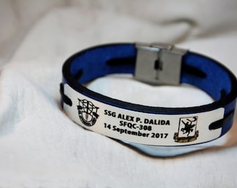 Custom Blue Leather Memorial POW KIA MIA Bracelet for Him, Personalized Honor Military Bracelet, Army, Not Forgotten, Police Department
