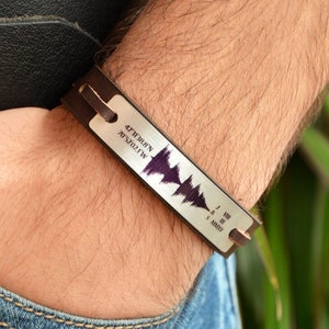 Coordinate Men Leather Bracelet, Sound Wave, Date and Initals Men Gift Idea Customized Bracelet For Husband and Son fathers day Gift for him