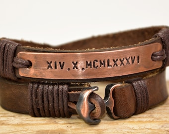 Roman Numeral Date Bracelet Leather Valentine's Day Personalized For Him, 2 Wrap Copper Engrave Anchor Rustic Father's day best husband Gift