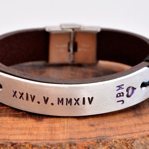 Men Gift Leather Personal Bracelet Roman Numerals Black Him Bracelet Custom Husband, Father Gift Ideas Boyfriend Gift Ideas Wedding Gift Him