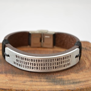 Software Engineer Bracelet Binary Code For Men's Coder Programmer Leather Engraved Personalized Friendship Hidden secret message matrix image 2