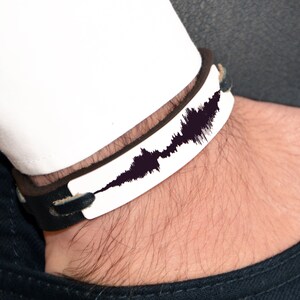 Puede incluir: Una pulsera de cuero en blanco y negro con un dise&ntilde;o de onda de sonido. La pulsera tiene una placa rectangular blanca con un patr&oacute;n de onda de sonido negro. La pulsera se lleva en la mu&ntilde;eca, con una manga de camisa blanca visible.