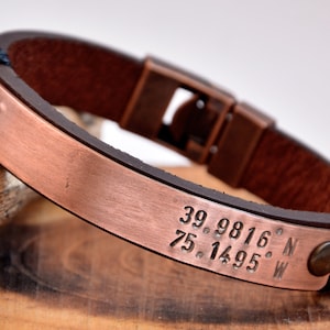 Engraved Leather Bracelet, Personalized Copper Cuff, Custom Message Gift