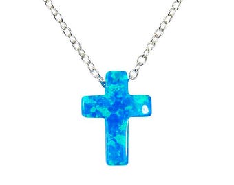 Opal Cross Pendant Necklace 925 Sterling Silver. Tiny Cross necklace. Cross Charm Necklace. White Cross Necklace. Blue Cross Necklace