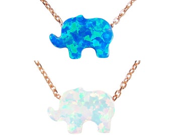 Opal Elephant Pendant Necklace Sterling Silver Rose Gold Chain Fashion Elephant Jewelry Luck Gift Women's. Size 14",15".16"18"