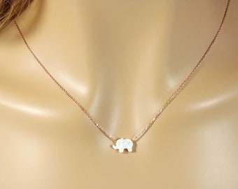Opal Elephant Necklace Rose Gold Plated 925 Sterling Silver Chain, White Opal Elephant Charm Choker Necklace