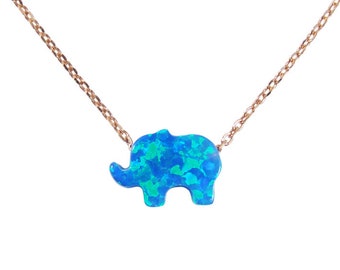 Opal Elephant Necklace – Blue Lab Created Opal Elephant Pendant on Rose Gold 925 Sterling Silver Chain, Lucky Charm Gift for Her