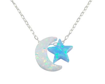 Moon and Star Necklace Opal Pendant Charm I Love You To The Moon And Back Necklace Sterling Silver Jewelry Charms