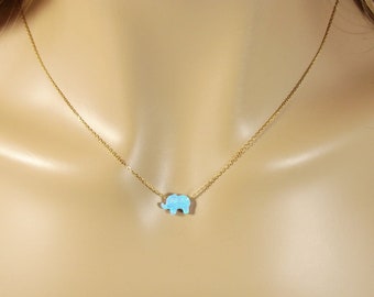 Elephant Pendant Necklace. Lab Created Opal Elephant Shape 925 Sterling Silver Gold Plated Chain Necklace.