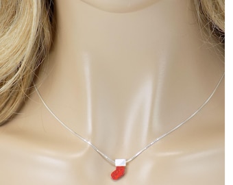 Santa Red Sock Necklace, Fire Opal Santa Sock Necklace. Red Opal and Mother of Pearl Santa Pendant Necklace, Gift Box Included