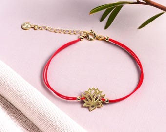 Lotus Flower Bracelet – Silver Lotus Charm on Red Cord, Adjustable Meditation Bracelet, Yoga Spiritual Jewelry, Gift for Her