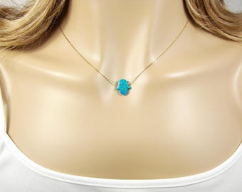 Hamsa Hand Necklace Lab Created Opal Pendant Charm, Opal Hamsa Hand Necklace Gold Plated Sterling Silver Chain Fashion jewelry