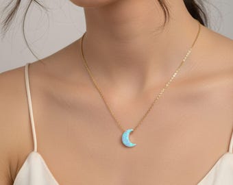 Half Moon Necklace. Lab-Created Opal Crescent Moon Pendant Necklace. Opal Moon Charm Gold Plated 925 Sterling Silver Chain