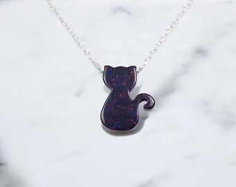 Black Cat Necklace, Opal Black Kitty Cat Necklace, Halloween Necklace.  Lab-Created Opal Black Cat Pendant