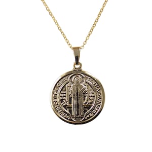 Saint Benedict Medallion Necklace. St Benedict Gold Layered Medal Sterling Silver Chain Necklace, San Benito Pendant Necklace.
