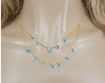 Multi Teardrop Layered Chain Necklace, Oval Dangling Opal Necklace, Blue Opal Multi Charm Layered Chain Sterling Silver Necklace