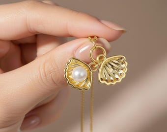 Faux Pearl Shell Necklace – Delicate Pearl Pendant with Cubic Zircon Accents, Gold-Plated Chain, Dainty Ocean-Inspired Jewelry, Gift for Her