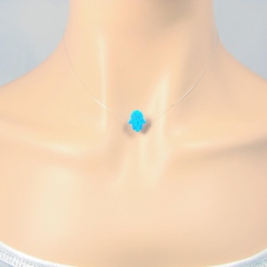 Hamsa Hand Clear Necklace Floating illusion Authentic Lab-Created Opal Charm. Transparent Fishing Line Invisible Necklace Translucent String