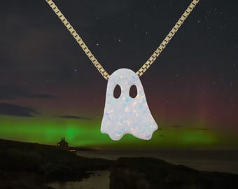 Ghost Necklace, White Opal Ghost Necklace, Halloween Theme Necklace, Phantom Opal Necklace, Spooky Ghost Necklace, Gift Box Included
