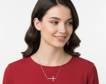 Sterling Silver Sideways Cubic Zirconia Cross Necklace 925 Sterling Silver or Gold, Christian Jewelry.