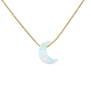 Half Moon Necklace. Lab Created Opal Moon Pendant Necklace Gold Plated 925 Sterling Silver Chain. Crescent Moon necklace.