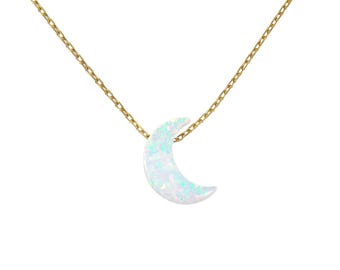 Half Moon Necklace. Lab Created Opal Moon Pendant Necklace Gold Plated 925 Sterling Silver Chain. Crescent Moon necklace.