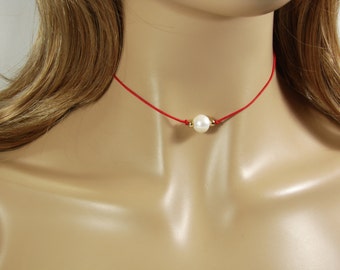 Red Choker with Pear Adjustable, Red Cord String Freshwater Bead Adjustable length, Gifts for Her