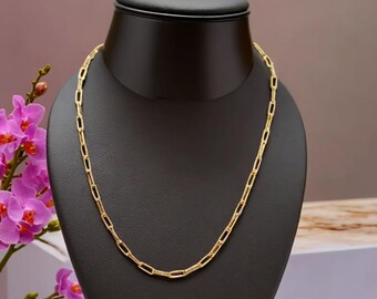 Paper Clip Style Chain Necklace, 18K Gold Plated Clip Chain Choker, Layering Rectangular Link Chain, Elongated Rectangle Chain Necklace
