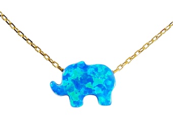 Opal Elephant Necklace, Lab-created Opal Pendant with 925 Sterling Silver Over Gold Plated Chain.