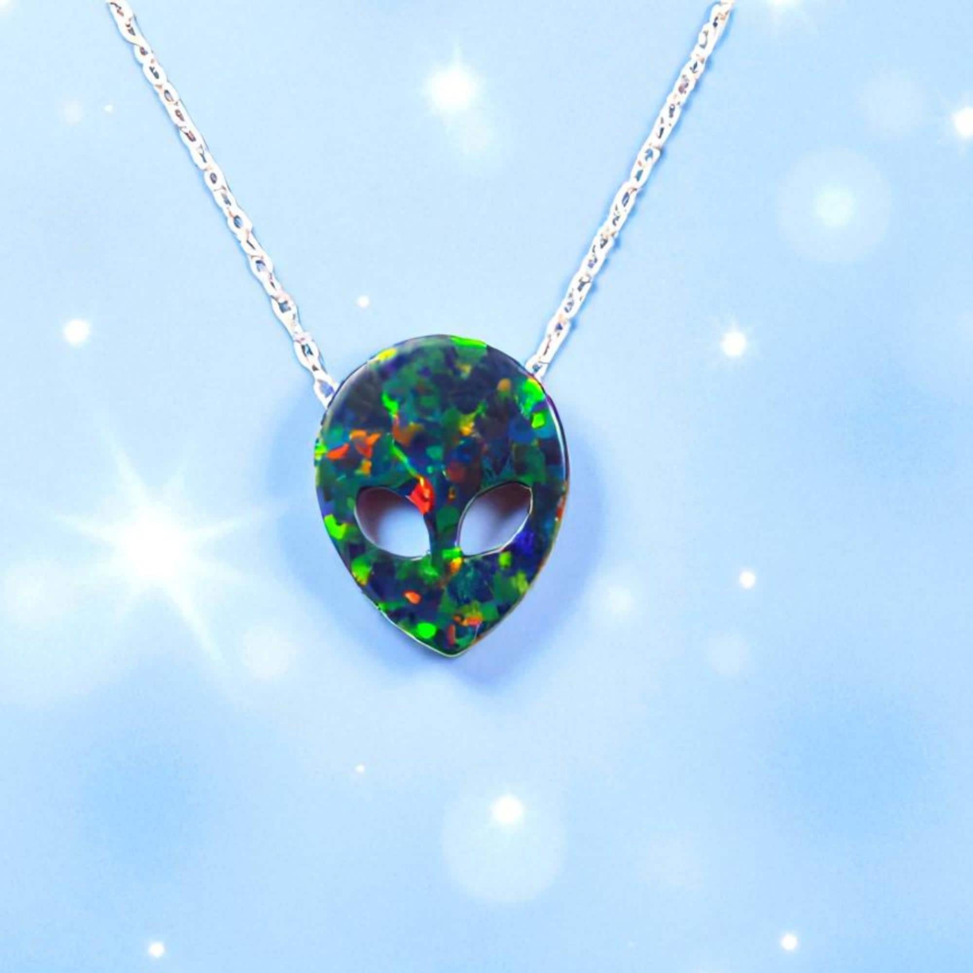 Alien Necklace. Lab Created Opal Green Alien Head Pendant 925 Sterling ...
