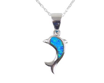 Opal Dolphin Charm Necklace. Dainty Sterling Silver Dolphin Pendant with Blue Fire Opal Inlay Sterling Silver Link Chain Necklace