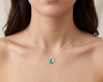 Moon and Star Necklace – I Love You to the Moon and Back Pendant with Lab Created Opal, 925 Sterling Silver Chain, Celestial Gift for Her