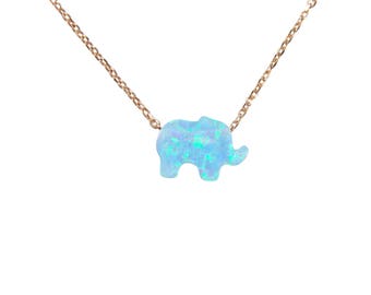 Light blue Opal Elephant Pendant Charm Necklace Rose Gold Sterling Silver Chain. Authentic Lab Created Opal Charm. Gift Box Included.