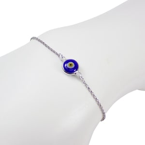 Blue Evil Eye Sterling Silver Bracelet, Turkish Round Blue Evil Eye Bracelet, Good Luck Amulet.