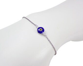 Blue Evil Eye Sterling Silver Bracelet, Turkish Round Blue Evil Eye Bracelet, Good Luck Amulet.