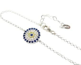 Evil Eye Bracelet 925 Sterling Silver Link Chain Cubic Zircon Stones.