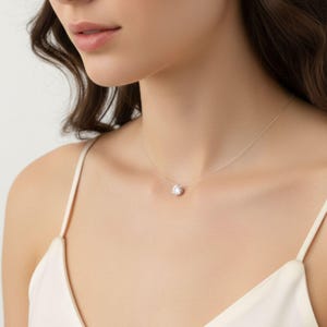 Floating Crystal Necklace CZ Solitaire Pendant on Invisible Fishing Line, Minimalist Illusion Dot Necklace, Bridesmaid Wedding Jewelry.