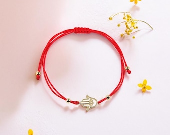 Hamsa Evil Eye String Bracelet – Sterling Silver Hamsa Hand Amulet on Adjustable Silk Cord, Spiritual Protection Jewelry, Gift for Women