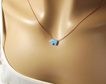 Elephant Opal Necklace Rose Gold.  Sterling Silver Light Blue Elephant Pendant. Gift for Women