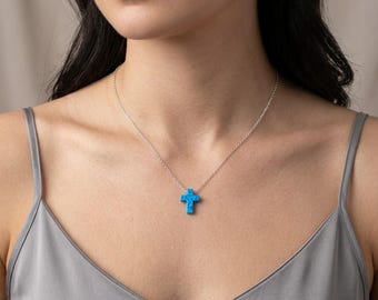 Opal Cross Necklace – Tiny Cross Pendant for Women – White or Blue Opal Cross – Dainty Sterling Silver Fashion Jewelry