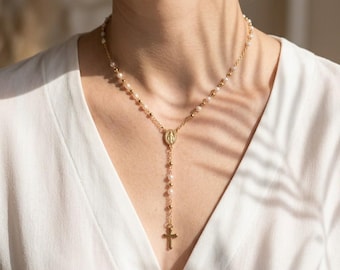 Rosary Necklace, Catholic Simulated Pearl Rosary,  Religious Lariat Jewelry, Christian Gift for Women, First Communion, Confirmation Gift
