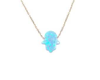 Light Blue Lab-Created Opal Hamsa Hand Necklace, 925 Sterling Silver Rose gold Chain. Gift for her.