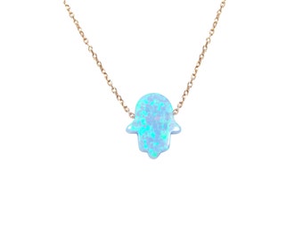 Hamsa Hand Opal light Blue Necklace. Lab-Created Opal Pendant Sterling Silver Rose gold Link Chain. Gift for her.