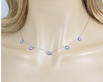 Evil Eye Multi Charm Necklace, 925 Sterling Silver Multi Evil Eye Cubic Zirconia Necklace Adjustable Length