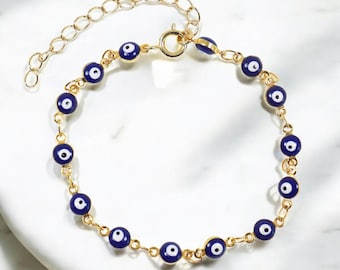 Blue Evil Eye Bracelet, Turkish Eye Bracelet Gold Plated Links, Blue Lucky  Eye Anklet.