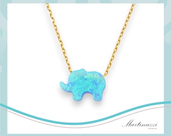 Blue Elephant Opal Necklace, Gold Plated Sterling Silver Animal Necklace, Minimalist Elephant Charm, Dainty Elephant Charm Jewelry